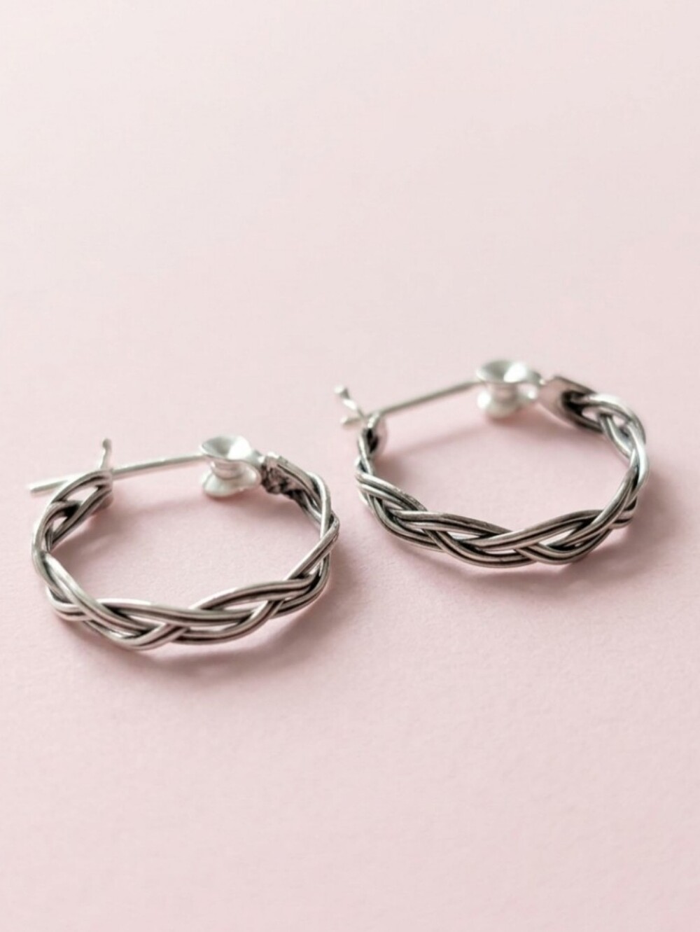 Sterling Silver Braided Boho Minimalist Small Silver Hoop Earrings